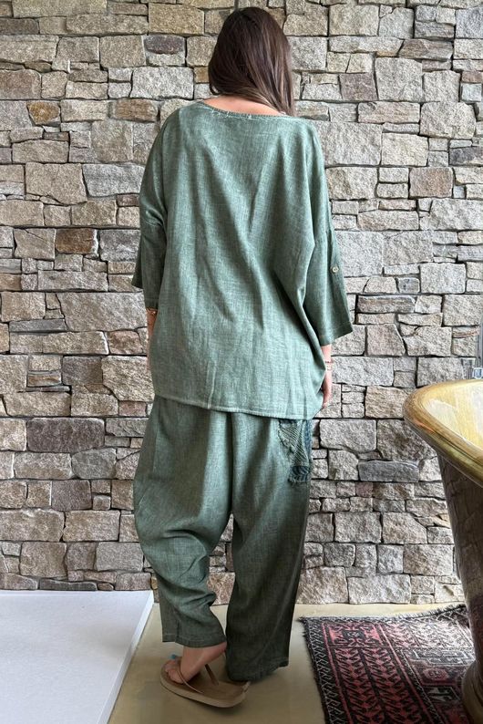 Lindin Linen Blend Crochet Flower Top Washed Khaki